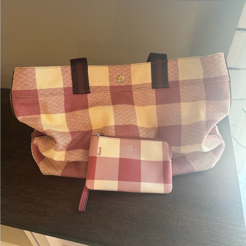 Coach Pink and Cream Checkered Tote with Wallet